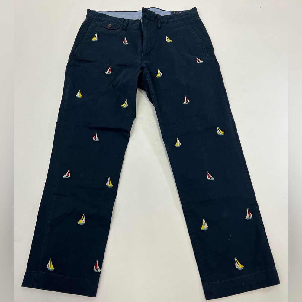 Navy Pants with Sailboat Embroidery